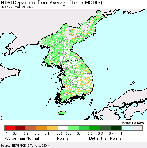 Korea NDVI Departure from Average (Terra-MODIS) Thematic Map For 3/22/2022 - 3/29/2022