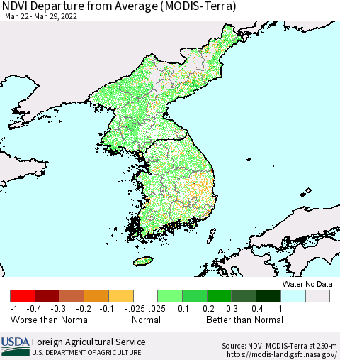 Korea NDVI Departure from Average (Terra-MODIS) Thematic Map For 3/21/2022 - 3/31/2022