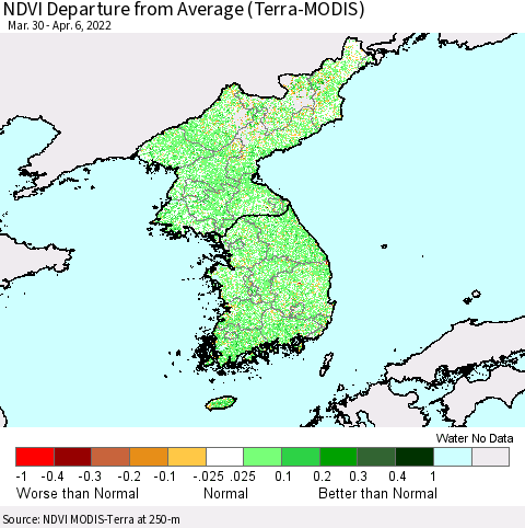 Korea NDVI Departure from Average (Terra-MODIS) Thematic Map For 3/30/2022 - 4/6/2022