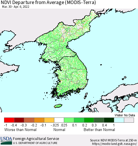 Korea NDVI Departure from Average (Terra-MODIS) Thematic Map For 4/1/2022 - 4/10/2022
