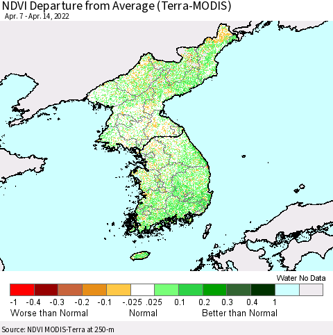 Korea NDVI Departure from Average (Terra-MODIS) Thematic Map For 4/7/2022 - 4/14/2022