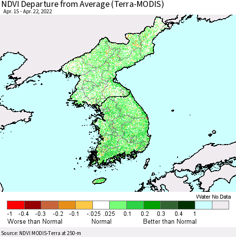Korea NDVI Departure from Average (Terra-MODIS) Thematic Map For 4/15/2022 - 4/22/2022