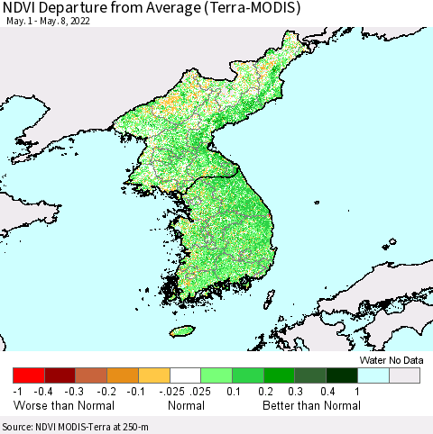 Korea NDVI Departure from Average (Terra-MODIS) Thematic Map For 5/1/2022 - 5/8/2022