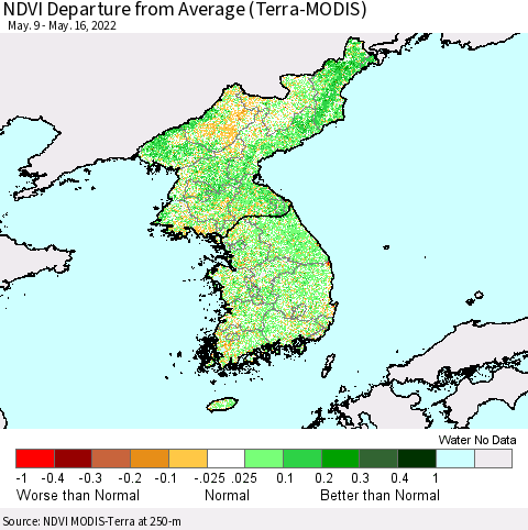 Korea NDVI Departure from Average (Terra-MODIS) Thematic Map For 5/9/2022 - 5/16/2022