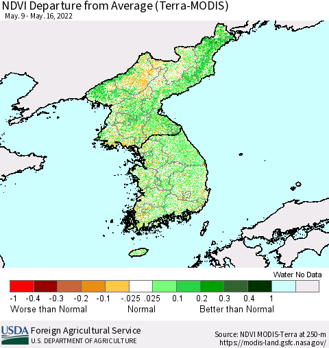 Korea NDVI Departure from Average (Terra-MODIS) Thematic Map For 5/11/2022 - 5/20/2022