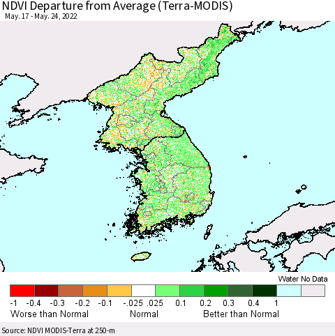 Korea NDVI Departure from Average (Terra-MODIS) Thematic Map For 5/17/2022 - 5/24/2022