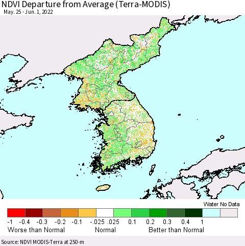 Korea NDVI Departure from Average (Terra-MODIS) Thematic Map For 5/25/2022 - 6/1/2022