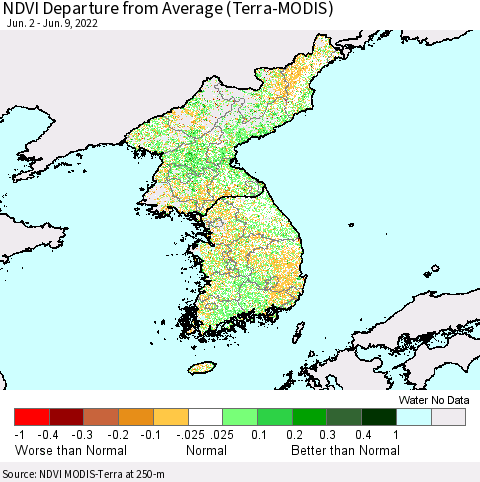 Korea NDVI Departure from Average (Terra-MODIS) Thematic Map For 6/2/2022 - 6/9/2022