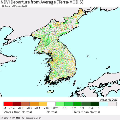 Korea NDVI Departure from Average (Terra-MODIS) Thematic Map For 6/10/2022 - 6/17/2022