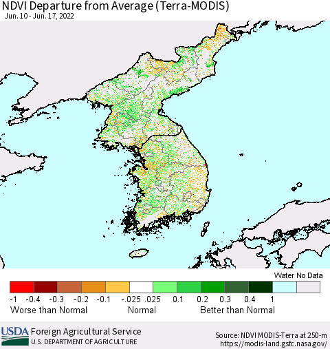 Korea NDVI Departure from Average (Terra-MODIS) Thematic Map For 6/11/2022 - 6/20/2022