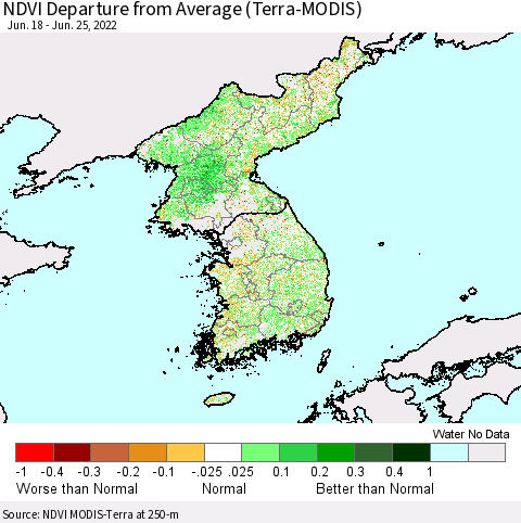 Korea NDVI Departure from Average (Terra-MODIS) Thematic Map For 6/18/2022 - 6/25/2022