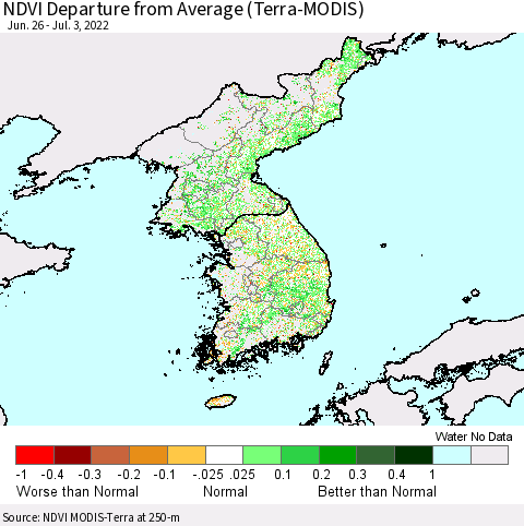 Korea NDVI Departure from Average (Terra-MODIS) Thematic Map For 6/26/2022 - 7/3/2022