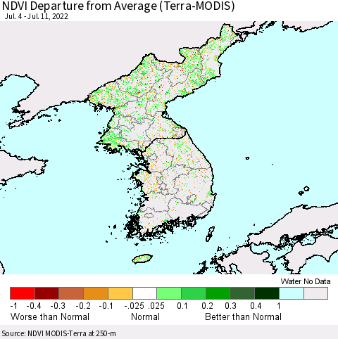 Korea NDVI Departure from Average (Terra-MODIS) Thematic Map For 7/4/2022 - 7/11/2022
