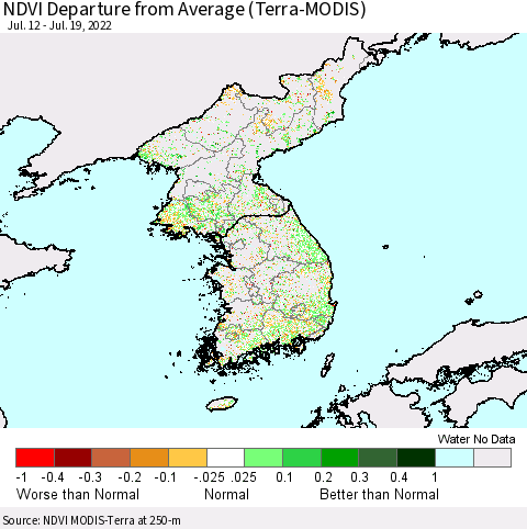 Korea NDVI Departure from Average (Terra-MODIS) Thematic Map For 7/12/2022 - 7/19/2022