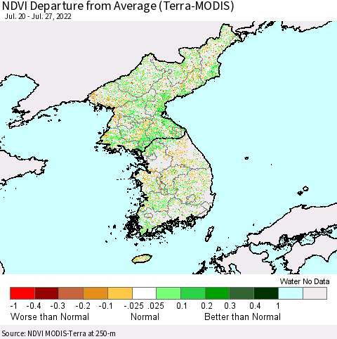 Korea NDVI Departure from Average (Terra-MODIS) Thematic Map For 7/20/2022 - 7/27/2022