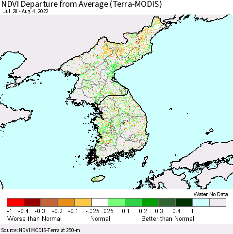 Korea NDVI Departure from Average (Terra-MODIS) Thematic Map For 7/28/2022 - 8/4/2022