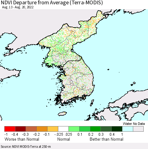 Korea NDVI Departure from Average (Terra-MODIS) Thematic Map For 8/11/2022 - 8/20/2022