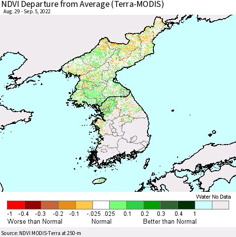 Korea NDVI Departure from Average (Terra-MODIS) Thematic Map For 8/29/2022 - 9/5/2022