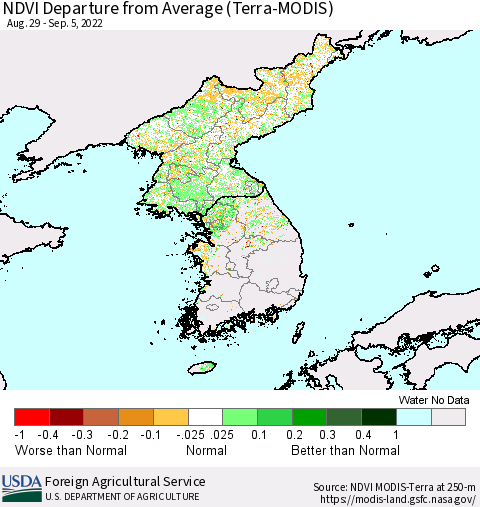 Korea NDVI Departure from Average (Terra-MODIS) Thematic Map For 9/1/2022 - 9/10/2022