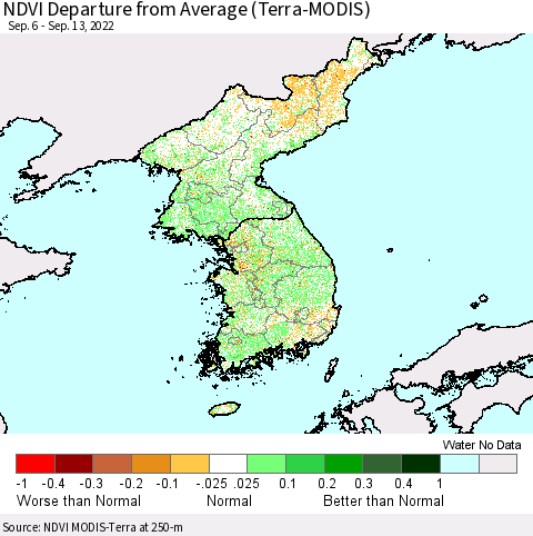 Korea NDVI Departure from Average (Terra-MODIS) Thematic Map For 9/6/2022 - 9/13/2022