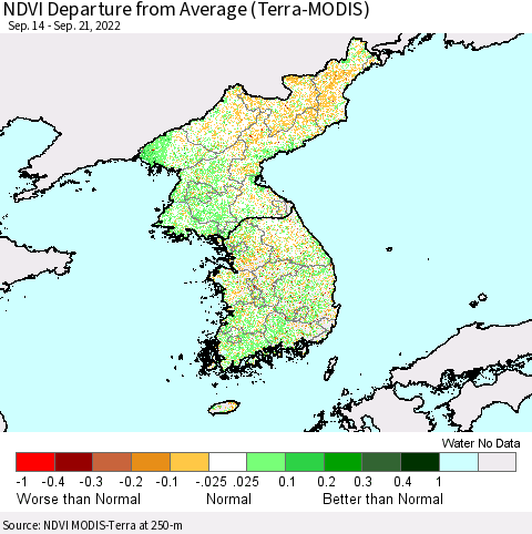 Korea NDVI Departure from Average (Terra-MODIS) Thematic Map For 9/14/2022 - 9/21/2022