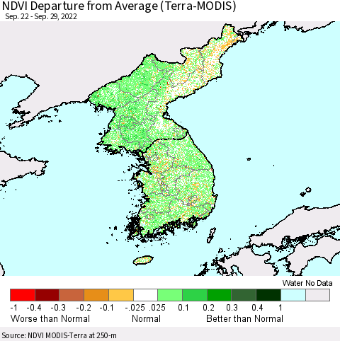 Korea NDVI Departure from Average (Terra-MODIS) Thematic Map For 9/22/2022 - 9/29/2022