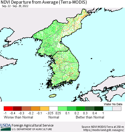 Korea NDVI Departure from Average (Terra-MODIS) Thematic Map For 9/21/2022 - 9/30/2022