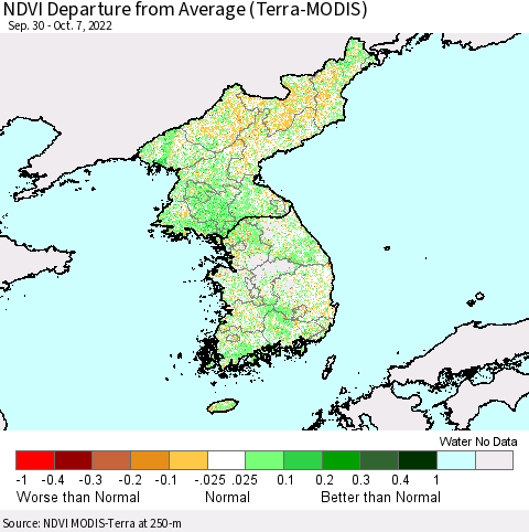 Korea NDVI Departure from Average (Terra-MODIS) Thematic Map For 9/30/2022 - 10/7/2022
