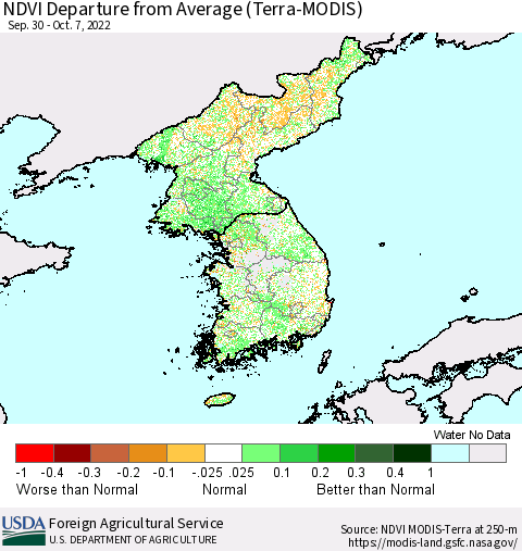 Korea NDVI Departure from Average (Terra-MODIS) Thematic Map For 10/1/2022 - 10/10/2022