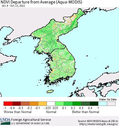 Korea NDVI Departure from Average (Terra-MODIS) Thematic Map For 10/11/2022 - 10/20/2022