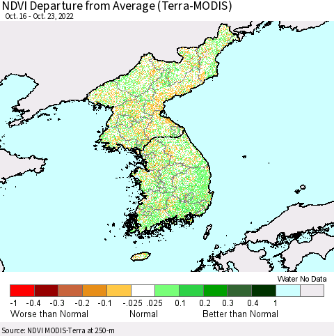 Korea NDVI Departure from Average (Terra-MODIS) Thematic Map For 10/16/2022 - 10/23/2022