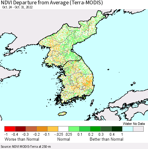 Korea NDVI Departure from Average (Terra-MODIS) Thematic Map For 10/21/2022 - 10/31/2022