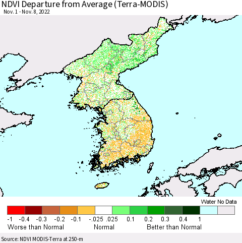 Korea NDVI Departure from Average (Terra-MODIS) Thematic Map For 11/1/2022 - 11/8/2022
