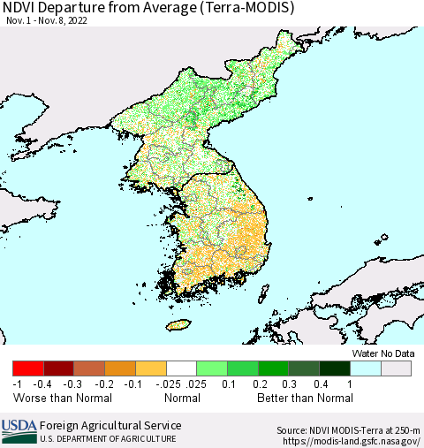 Korea NDVI Departure from Average (Terra-MODIS) Thematic Map For 11/1/2022 - 11/10/2022