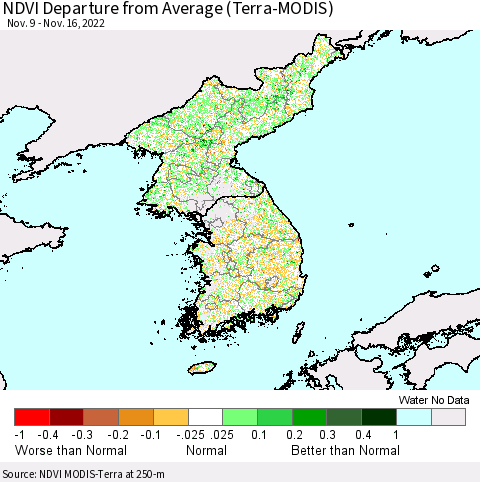 Korea NDVI Departure from Average (Terra-MODIS) Thematic Map For 11/9/2022 - 11/16/2022