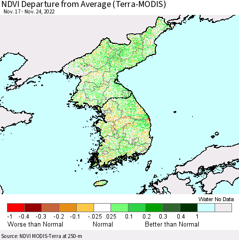 Korea NDVI Departure from Average (Terra-MODIS) Thematic Map For 11/17/2022 - 11/24/2022