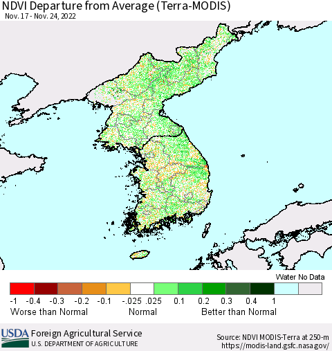 Korea NDVI Departure from Average (Terra-MODIS) Thematic Map For 11/21/2022 - 11/30/2022