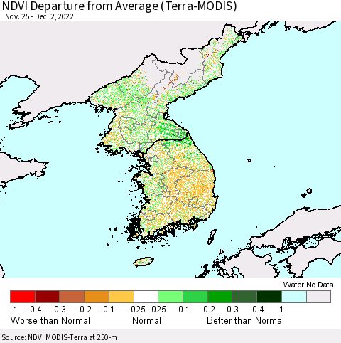 Korea NDVI Departure from Average (Terra-MODIS) Thematic Map For 11/25/2022 - 12/2/2022