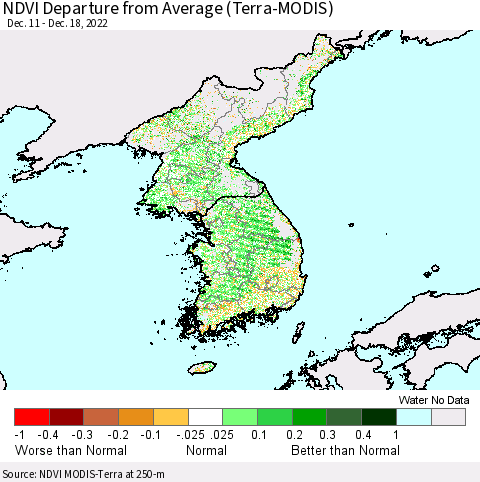 Korea NDVI Departure from Average (Terra-MODIS) Thematic Map For 12/11/2022 - 12/18/2022