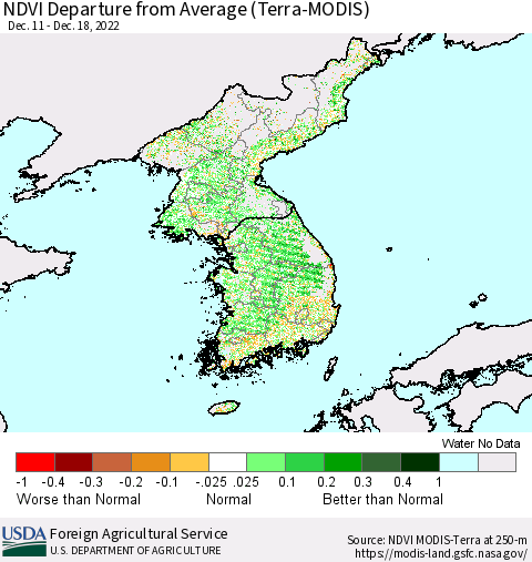 Korea NDVI Departure from Average (Terra-MODIS) Thematic Map For 12/11/2022 - 12/20/2022