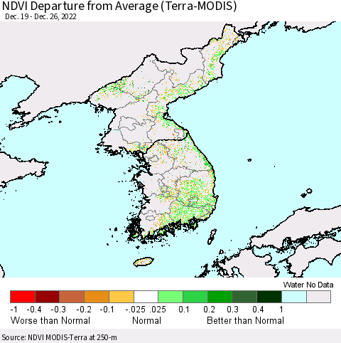Korea NDVI Departure from Average (Terra-MODIS) Thematic Map For 12/19/2022 - 12/26/2022