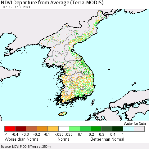 Korea NDVI Departure from Average (Terra-MODIS) Thematic Map For 1/1/2023 - 1/8/2023