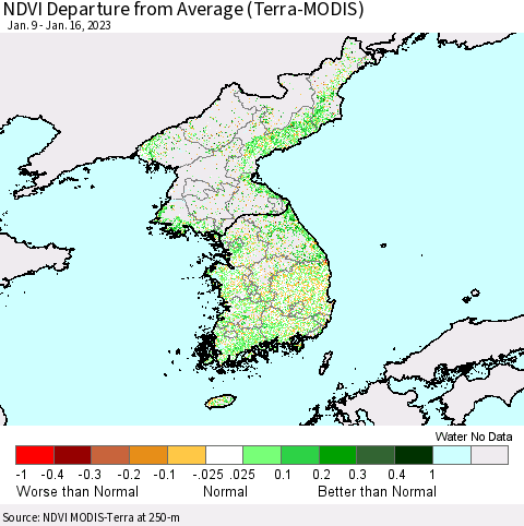 Korea NDVI Departure from Average (Terra-MODIS) Thematic Map For 1/9/2023 - 1/16/2023