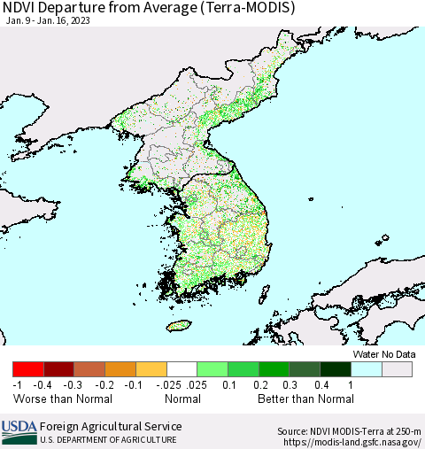 Korea NDVI Departure from Average (Terra-MODIS) Thematic Map For 1/11/2023 - 1/20/2023