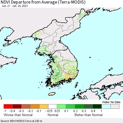 Korea NDVI Departure from Average (Terra-MODIS) Thematic Map For 1/17/2023 - 1/24/2023