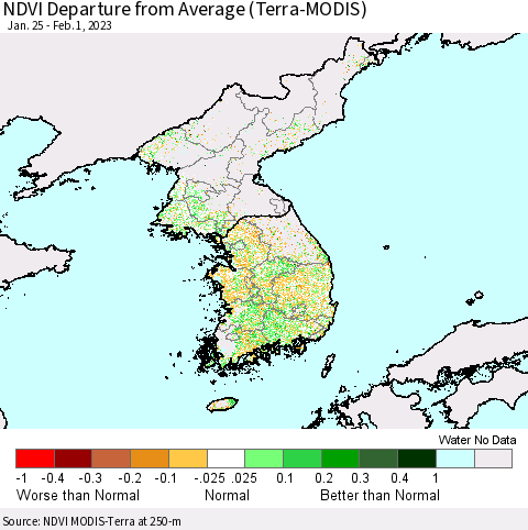 Korea NDVI Departure from Average (Terra-MODIS) Thematic Map For 1/25/2023 - 2/1/2023