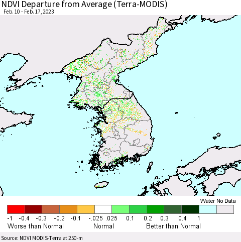 Korea NDVI Departure from Average (Terra-MODIS) Thematic Map For 2/10/2023 - 2/17/2023