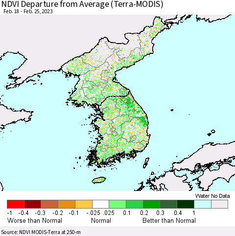 Korea NDVI Departure from Average (Terra-MODIS) Thematic Map For 2/18/2023 - 2/25/2023