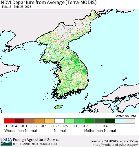 Korea NDVI Departure from Average (Terra-MODIS) Thematic Map For 2/21/2023 - 2/28/2023