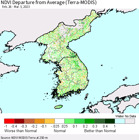 Korea NDVI Departure from Average (Terra-MODIS) Thematic Map For 2/26/2023 - 3/5/2023